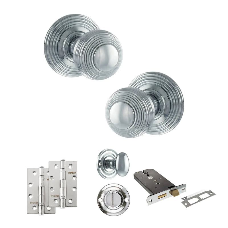 Atlantic Old English Ripon Door Knob Pack (Lock Set - Horizontal Bathlock, 4" Slim Knuckle Hinges x2)