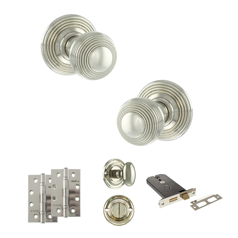 Atlantic Old English Ripon Door Knob Pack (Lock Set - Horizontal Bathlock, 4" Slim Knuckle Hinges x2)