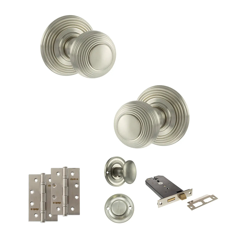 Atlantic Old English Ripon Door Knob Pack (Lock Set - Horizontal Bathlock, 4" Slim Knuckle Hinges x2)