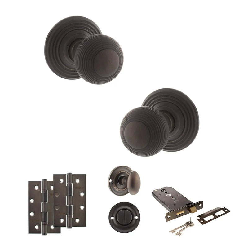 Atlantic Old English Ripon Door Knob Pack (Lock Set - Horizontal Bathlock, 4" Slim Knuckle Hinges x2)