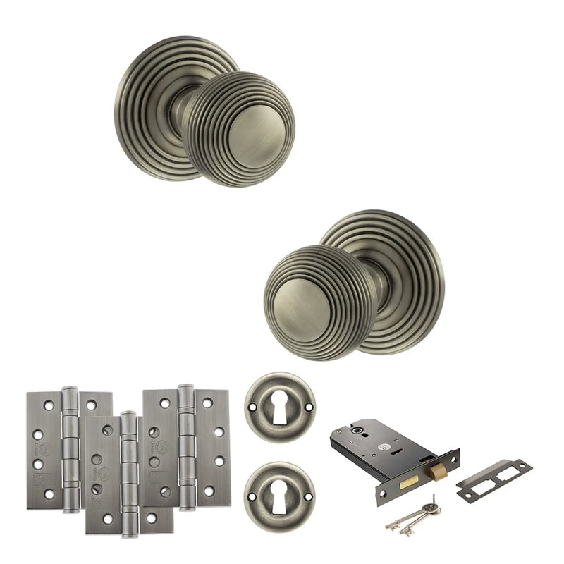 Atlantic Old English Ripon Door Knob Pack (Lock Set - Horizontal Sashlock, 4" Fire Rated Hinges x3)