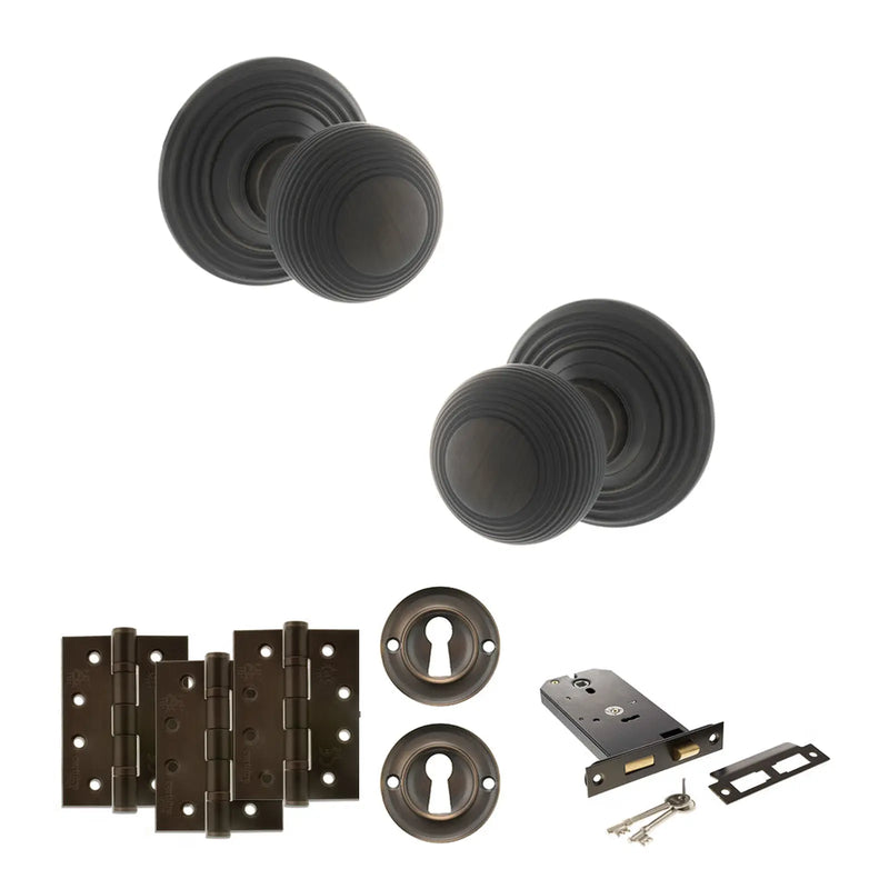 Atlantic Old English Ripon Door Knob Pack (Lock Set - Horizontal Sashlock, 4" Fire Rated Hinges x3)