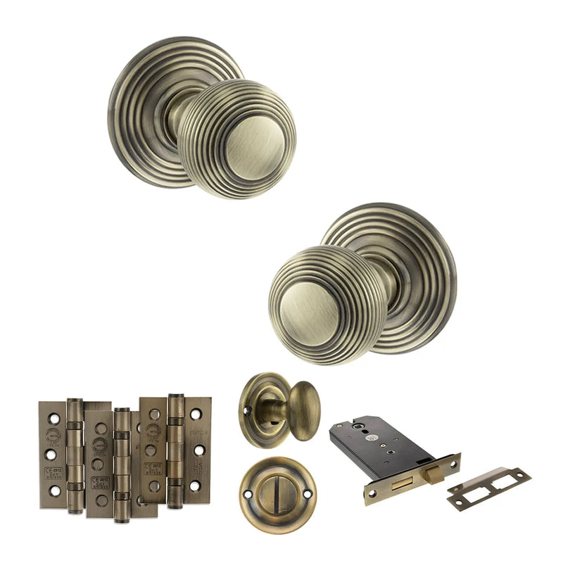 Atlantic Old English Ripon Door Knob Pack (Lock Set - Horizontal Bathlock, 3" Fire Rated Hinges x3)