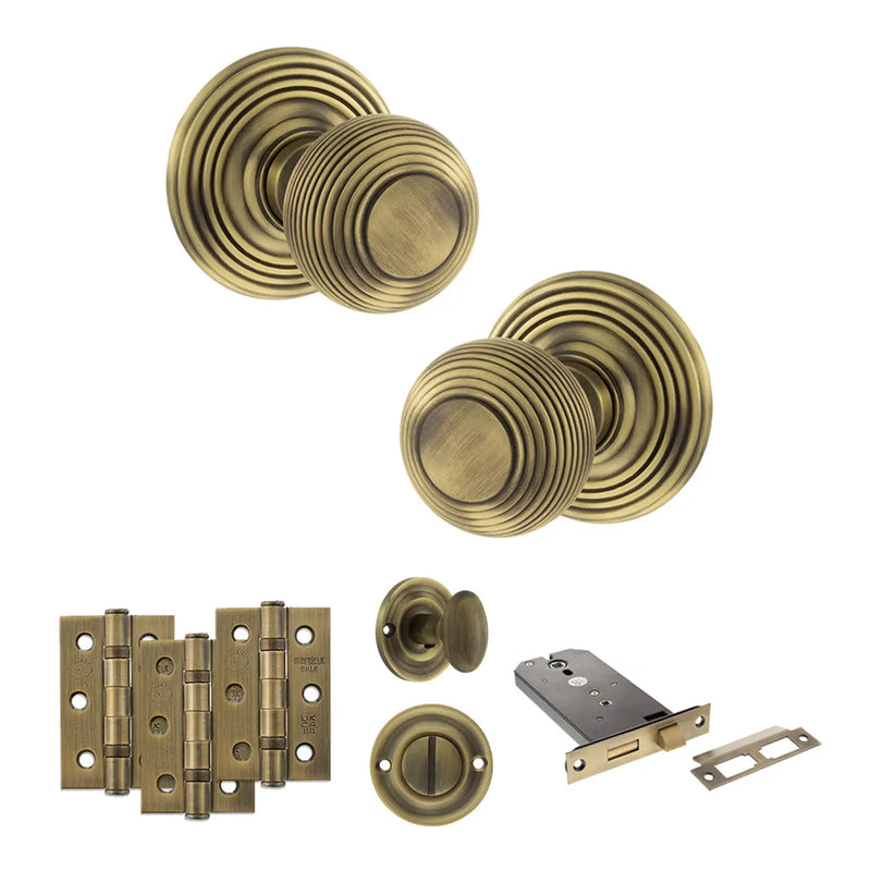 Atlantic Old English Ripon Door Knob Pack (Lock Set - Horizontal Bathlock, 3" Fire Rated Hinges x3)