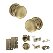 Atlantic Old English Harrogate Door Knob Pack (Bathroom Set - 3" Deadbolt, 4" Slim Knuckle Hinges x2)