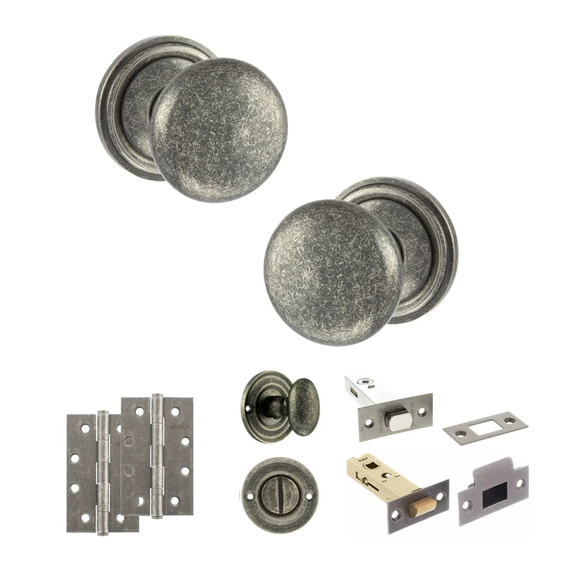 Atlantic Old English Harrogate Door Knob Pack (Bathroom Set - 3" Deadbolt, 4" Slim Knuckle Hinges x2)