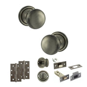 Atlantic Old English Harrogate Door Knob Pack (Bathroom Set - 3" Deadbolt, 4" Slim Knuckle Hinges x2)