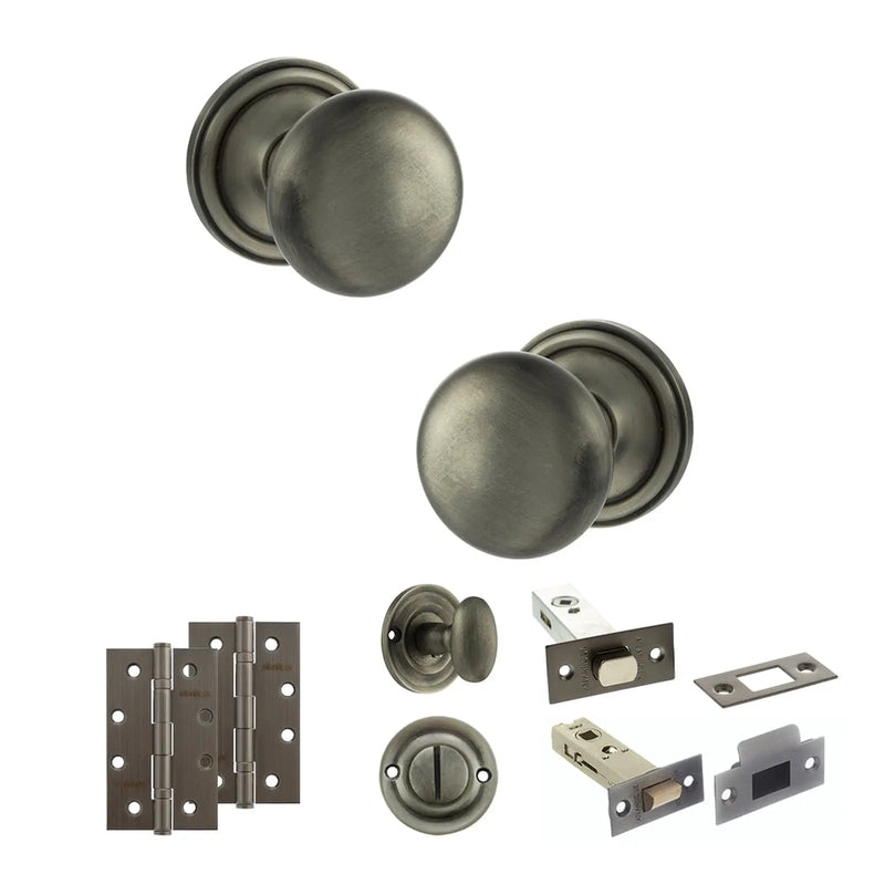 Atlantic Old English Harrogate Door Knob Pack (Bathroom Set - 3" Deadbolt, 4" Slim Knuckle Hinges x2)