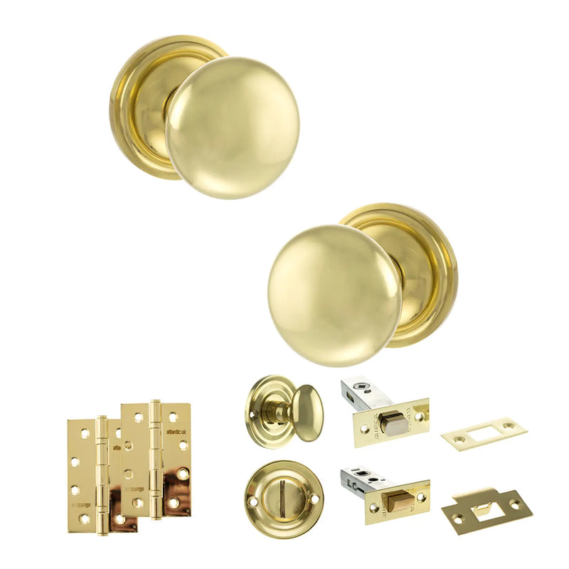 Atlantic Old English Harrogate Door Knob Pack (Bathroom Set - 3" Deadbolt, 4" Slim Knuckle Hinges x2)