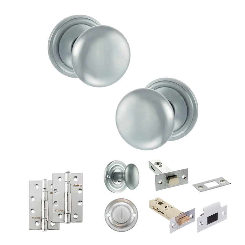 Atlantic Old English Harrogate Door Knob Pack (Bathroom Set - 3" Deadbolt, 4" Slim Knuckle Hinges x2)