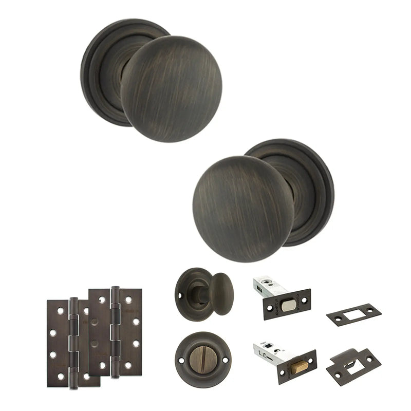 Atlantic Old English Harrogate Door Knob Pack (Bathroom Set - 3" Deadbolt, 4" Slim Knuckle Hinges x2)