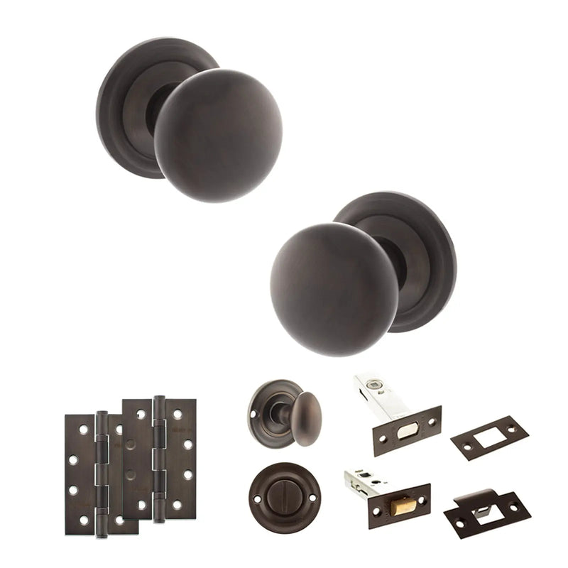 Atlantic Old English Harrogate Door Knob Pack (Bathroom Set - 3" Deadbolt, 4" Slim Knuckle Hinges x2)