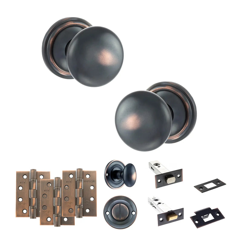 Atlantic Old English Harrogate Door Knob Pack (Bathroom Set - 3" Deadbolt, 4" Fire Rated Hinges x3)