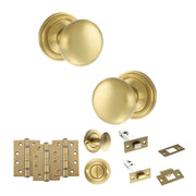 Atlantic Old English Harrogate Door Knob Pack (Bathroom Set - 3" Deadbolt, 4" Fire Rated Hinges x3)