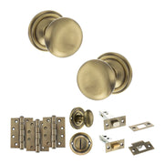 Atlantic Old English Harrogate Door Knob Pack (Bathroom Set - 4" Deadbolt, 4" Fire Rated Hinges x3)