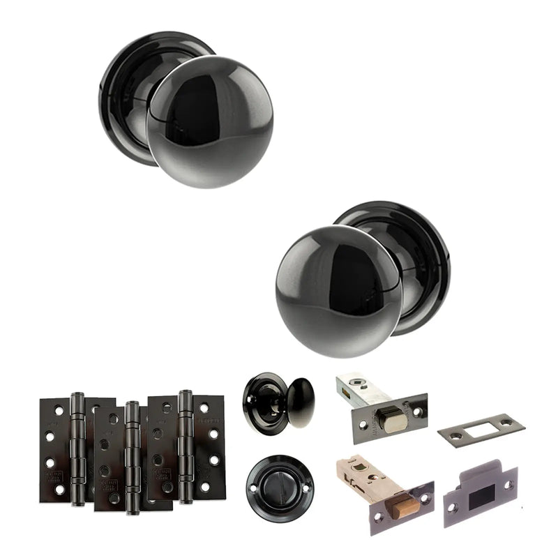 Atlantic Old English Harrogate Door Knob Pack (Bathroom Set - 4" Deadbolt, 4" Fire Rated Hinges x3)