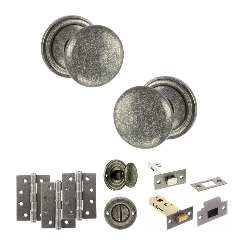 Atlantic Old English Harrogate Door Knob Pack (Bathroom Set - 4" Deadbolt, 4" Fire Rated Hinges x3)