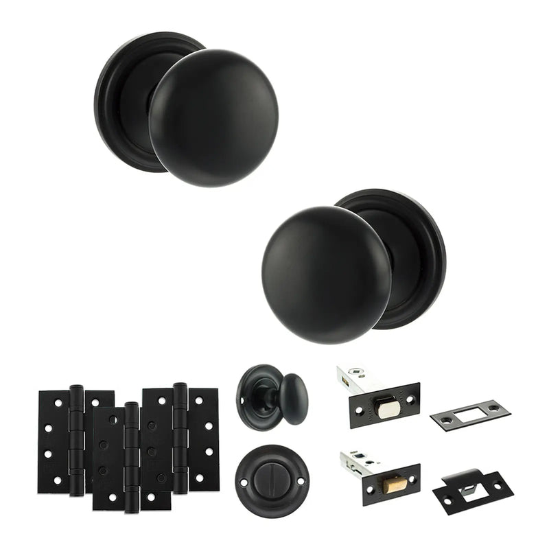Atlantic Old English Harrogate Door Knob Pack (Bathroom Set - 4" Deadbolt, 4" Fire Rated Hinges x3)