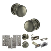 Atlantic Old English Harrogate Door Knob Pack (Bathroom Set - 4" Deadbolt, 4" Fire Rated Hinges x3)