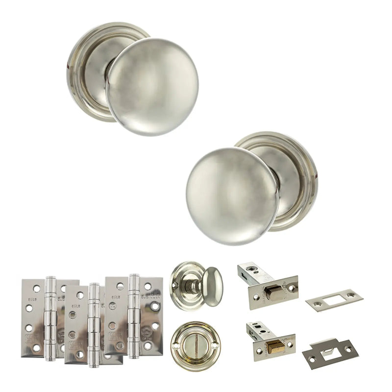 Atlantic Old English Harrogate Door Knob Pack (Bathroom Set - 4" Deadbolt, 4" Fire Rated Hinges x3)
