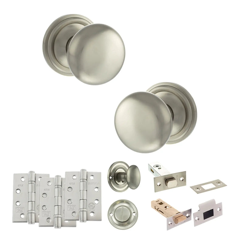 Atlantic Old English Harrogate Door Knob Pack (Bathroom Set - 4" Deadbolt, 4" Fire Rated Hinges x3)