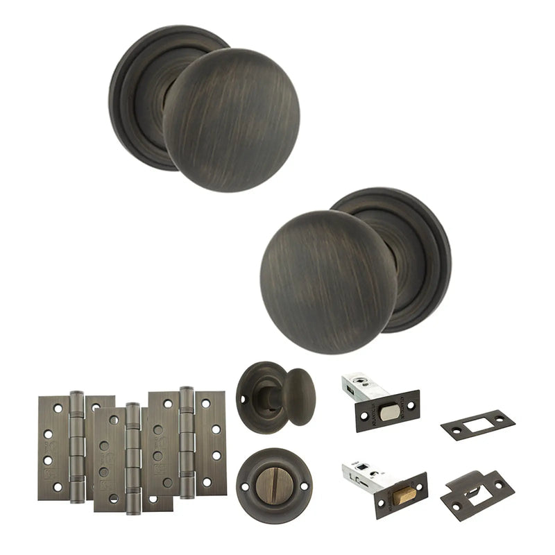 Atlantic Old English Harrogate Door Knob Pack (Bathroom Set - 4" Deadbolt, 4" Fire Rated Hinges x3)