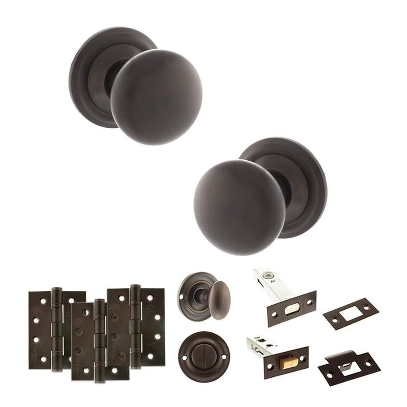Atlantic Old English Harrogate Door Knob Pack (Bathroom Set - 4" Deadbolt, 4" Fire Rated Hinges x3)