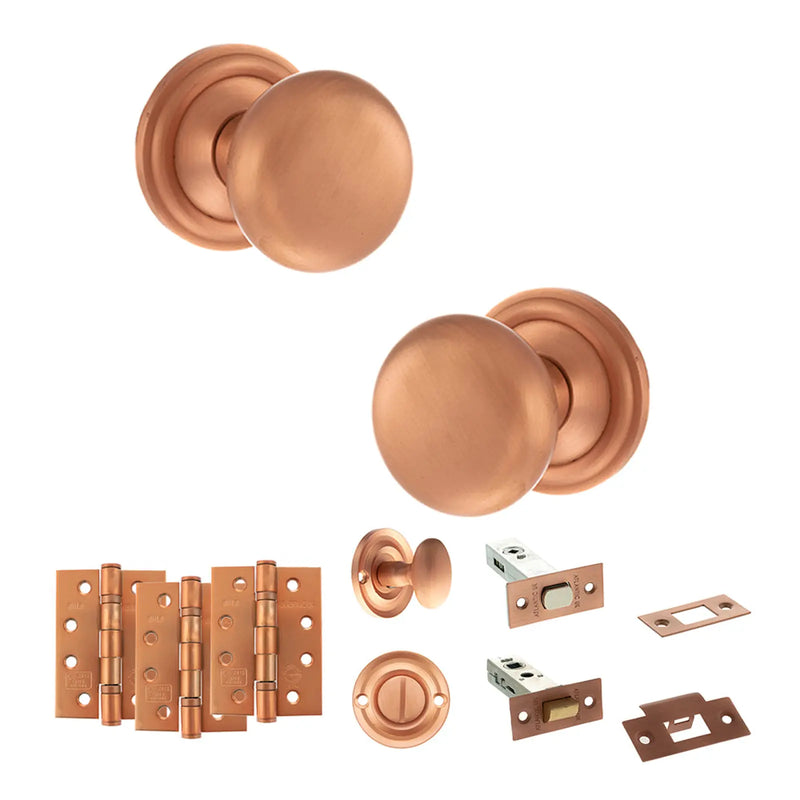Atlantic Old English Harrogate Door Knob Pack (Bathroom Set - 4" Deadbolt, 4" Fire Rated Hinges x3)