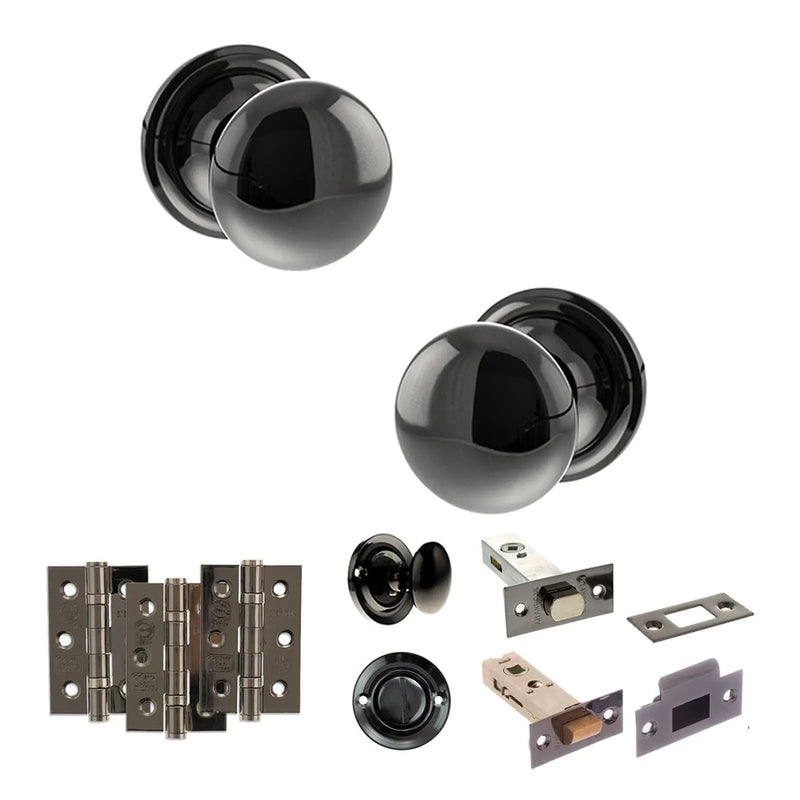 Atlantic Old English Harrogate Door Knob Pack (Bathroom Set - 4" Deadbolt, 3" Fire Rated Hinges x3)