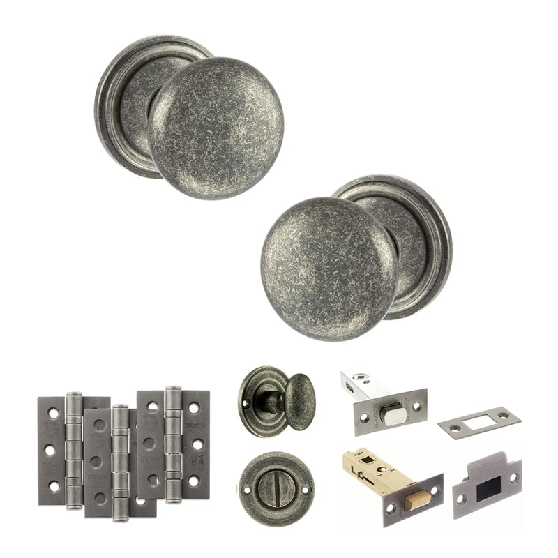 Atlantic Old English Harrogate Door Knob Pack (Bathroom Set - 4" Deadbolt, 3" Fire Rated Hinges x3)