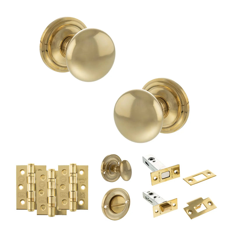 Atlantic Old English Harrogate Door Knob Pack (Bathroom Set - 4" Deadbolt, 3" Fire Rated Hinges x3)