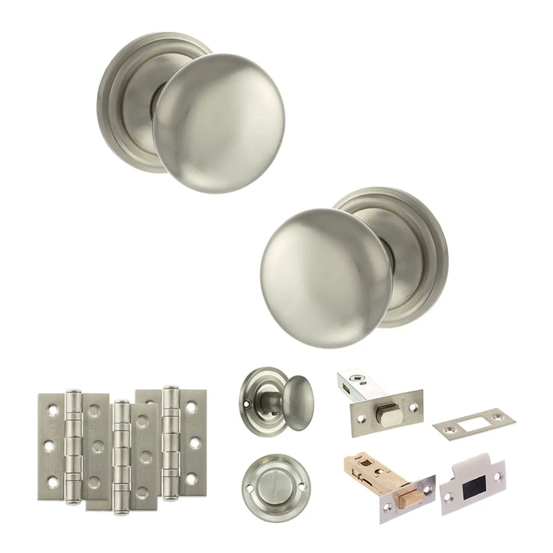 Atlantic Old English Harrogate Door Knob Pack (Bathroom Set - 4" Deadbolt, 3" Fire Rated Hinges x3)