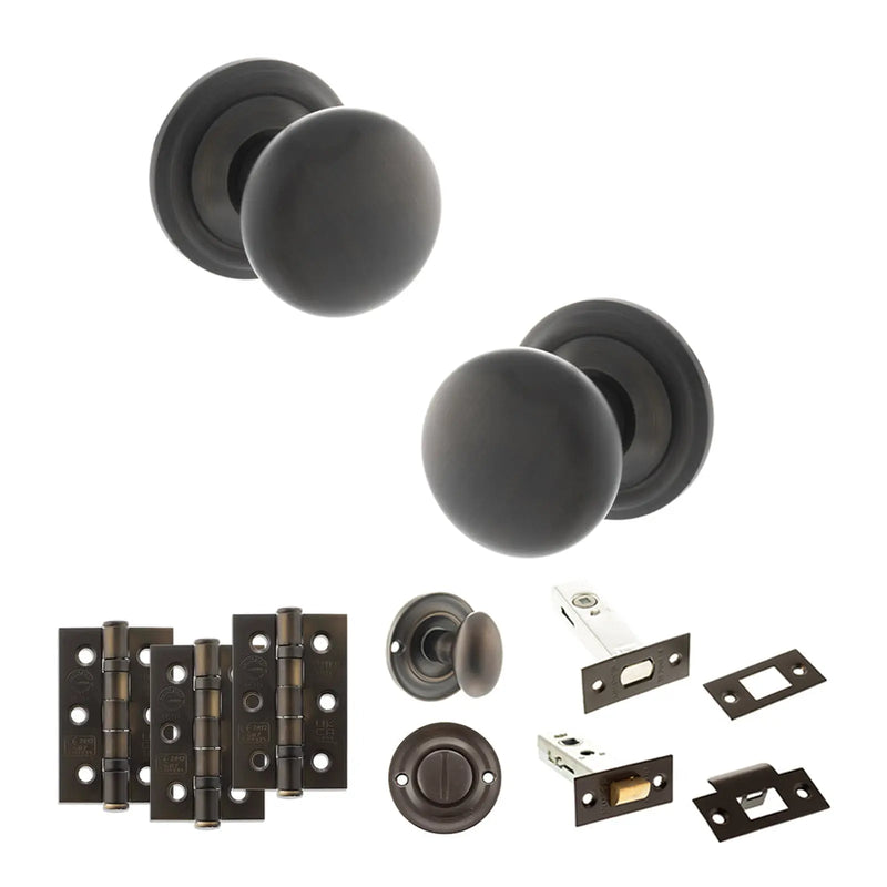 Atlantic Old English Harrogate Door Knob Pack (Bathroom Set - 4" Deadbolt, 3" Fire Rated Hinges x3)