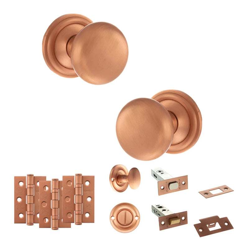 Atlantic Old English Harrogate Door Knob Pack (Bathroom Set - 4" Deadbolt, 3" Fire Rated Hinges x3)