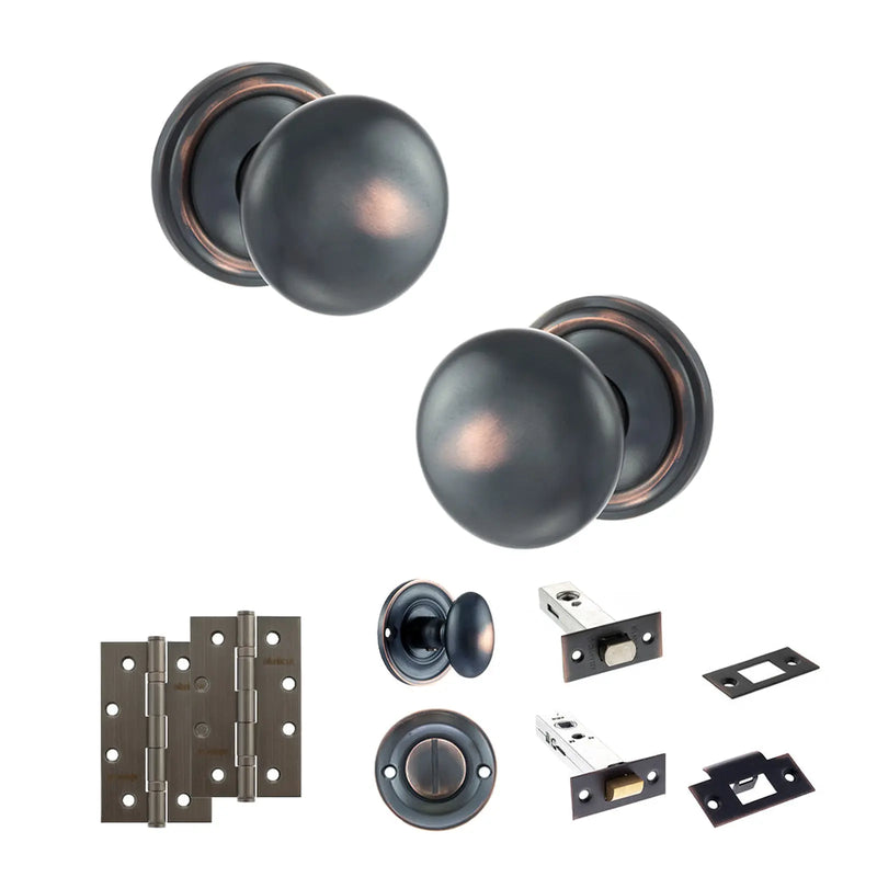 Atlantic Old English Harrogate Door Knob Pack (Bathroom Set - 4" Deadbolt, 4" Slim Knuckle Hinges x2)
