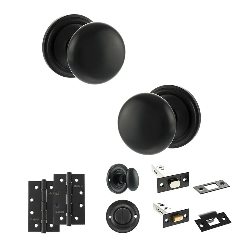 Atlantic Old English Harrogate Door Knob Pack (Bathroom Set - 4" Deadbolt, 4" Slim Knuckle Hinges x2)