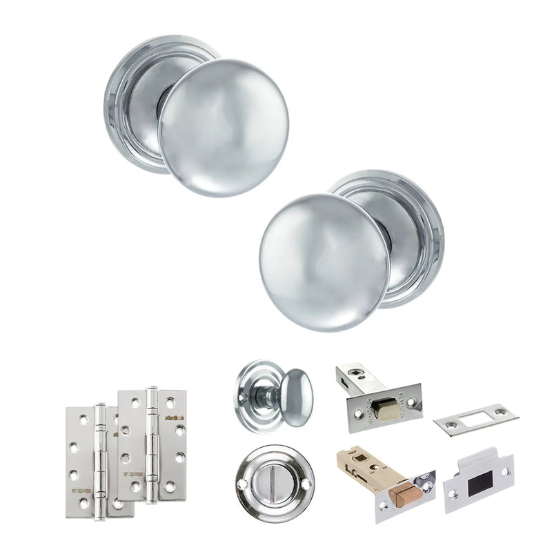 Atlantic Old English Harrogate Door Knob Pack (Bathroom Set - 4" Deadbolt, 4" Slim Knuckle Hinges x2)