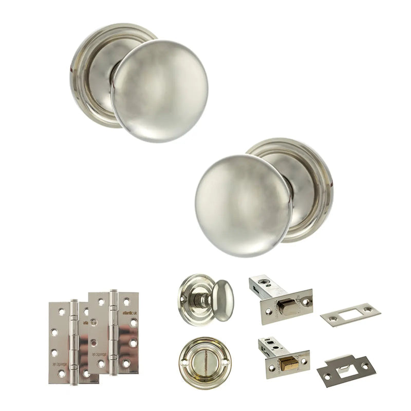 Atlantic Old English Harrogate Door Knob Pack (Bathroom Set - 4" Deadbolt, 4" Slim Knuckle Hinges x2)