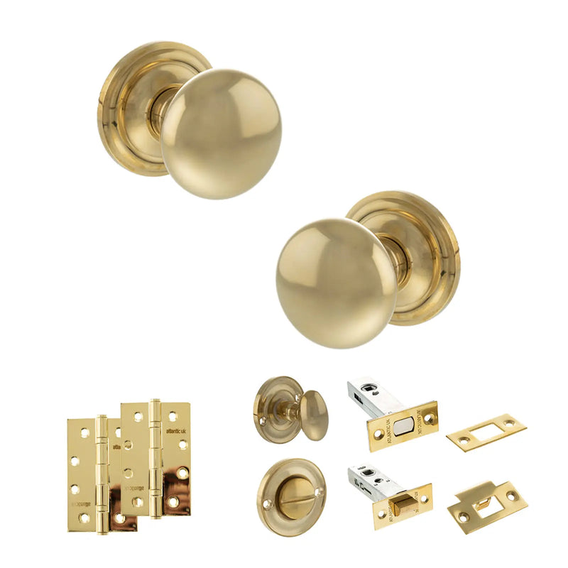 Atlantic Old English Harrogate Door Knob Pack (Bathroom Set - 4" Deadbolt, 4" Slim Knuckle Hinges x2)