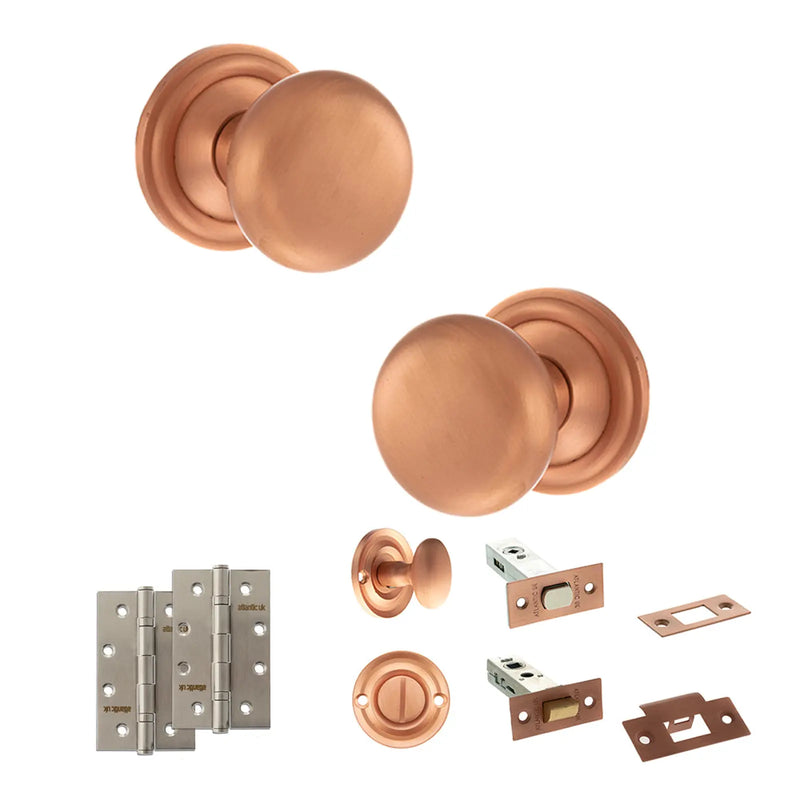 Atlantic Old English Harrogate Door Knob Pack (Bathroom Set - 4" Deadbolt, 4" Slim Knuckle Hinges x2)