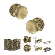Atlantic Old English Harrogate Door Knob Pack (Bathroom Set - 3" Deadbolt, 3" Fire Rated Hinges x3)