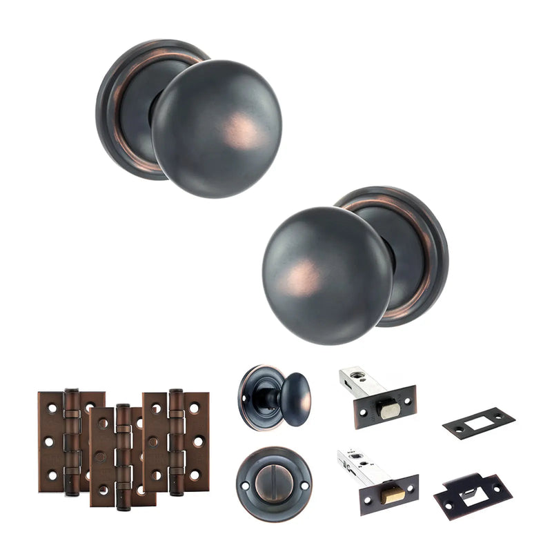 Atlantic Old English Harrogate Door Knob Pack (Bathroom Set - 3" Deadbolt, 3" Fire Rated Hinges x3)
