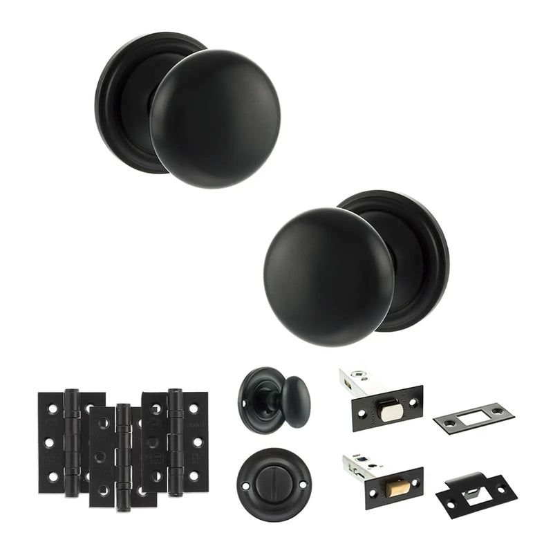 Atlantic Old English Harrogate Door Knob Pack (Bathroom Set - 3" Deadbolt, 3" Fire Rated Hinges x3)