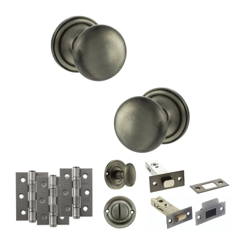 Atlantic Old English Harrogate Door Knob Pack (Bathroom Set - 3" Deadbolt, 3" Fire Rated Hinges x3)