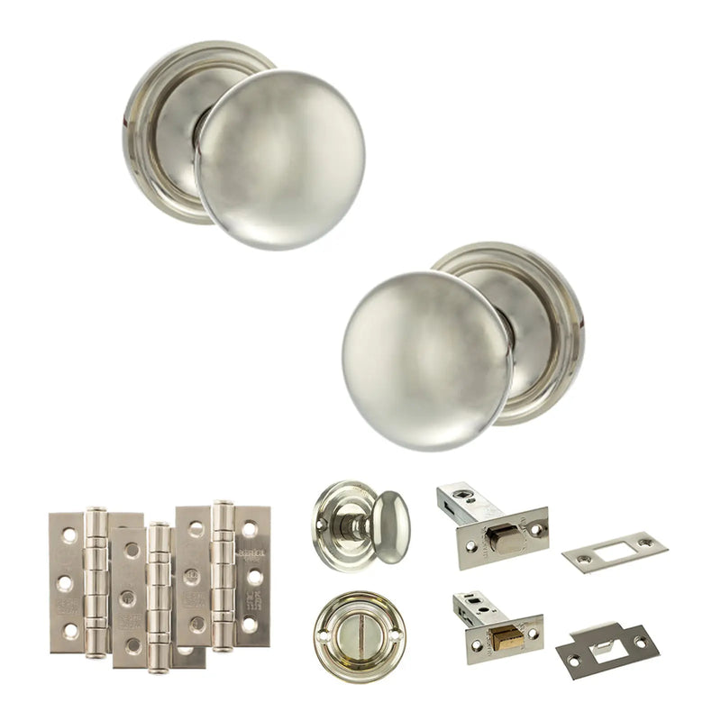 Atlantic Old English Harrogate Door Knob Pack (Bathroom Set - 3" Deadbolt, 3" Fire Rated Hinges x3)