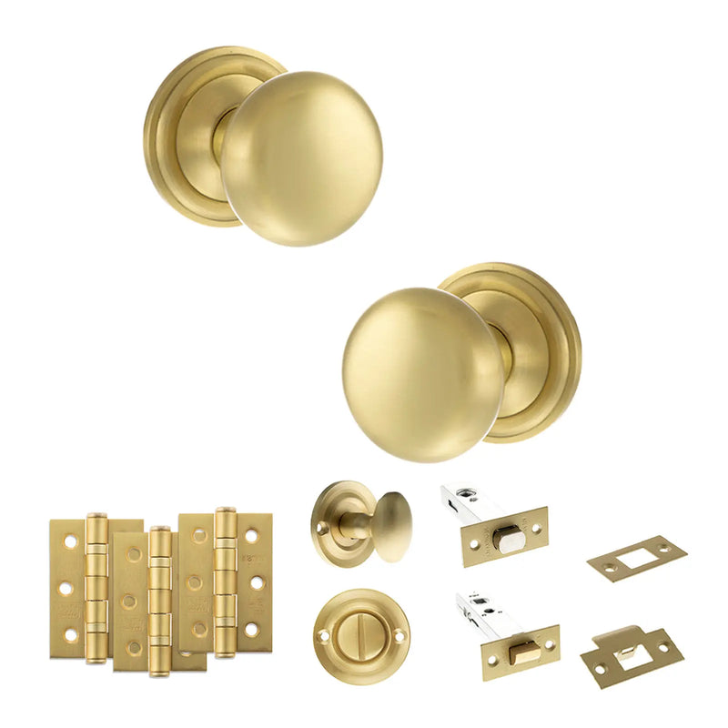 Atlantic Old English Harrogate Door Knob Pack (Bathroom Set - 3" Deadbolt, 3" Fire Rated Hinges x3)