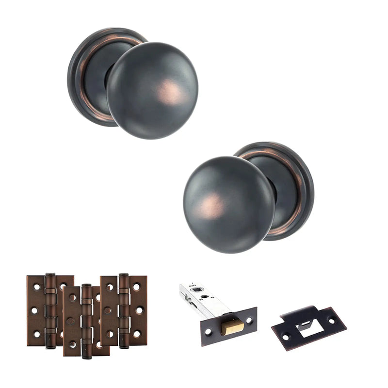 Atlantic Old English Harrogate Door Knob Pack (Latch Set - 3" HD Latch, 3" Fire Rated Hinges x3)