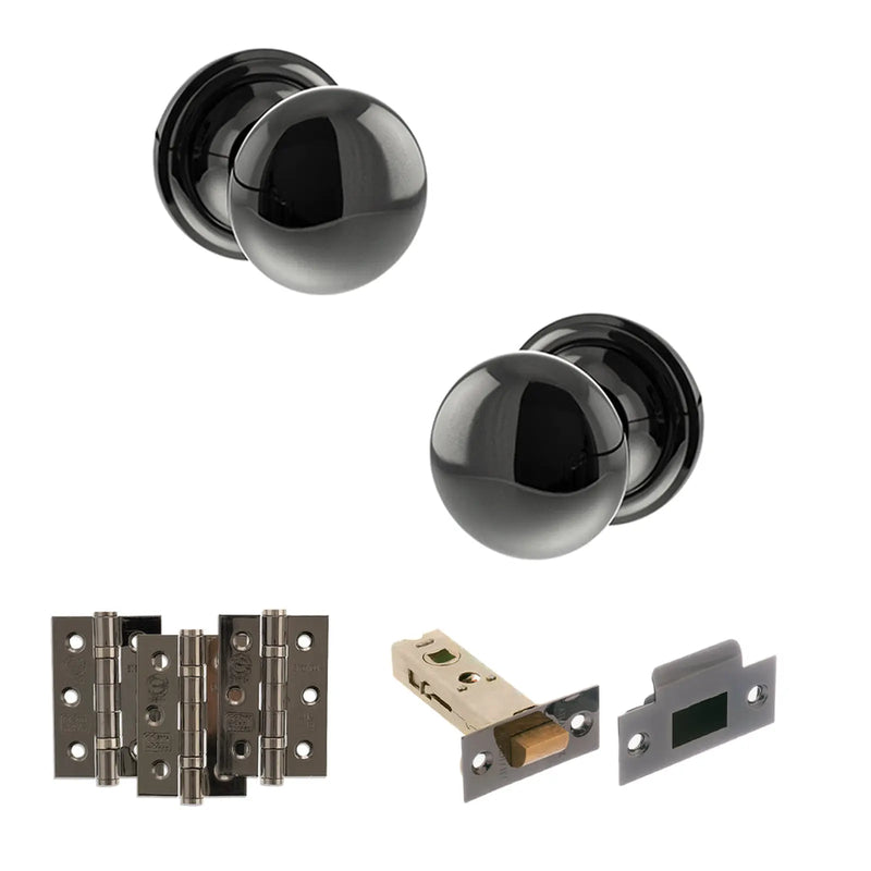 Atlantic Old English Harrogate Door Knob Pack (Latch Set - 3" HD Latch, 3" Fire Rated Hinges x3)