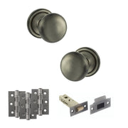 Atlantic Old English Harrogate Door Knob Pack (Latch Set - 3" HD Latch, 3" Fire Rated Hinges x3)