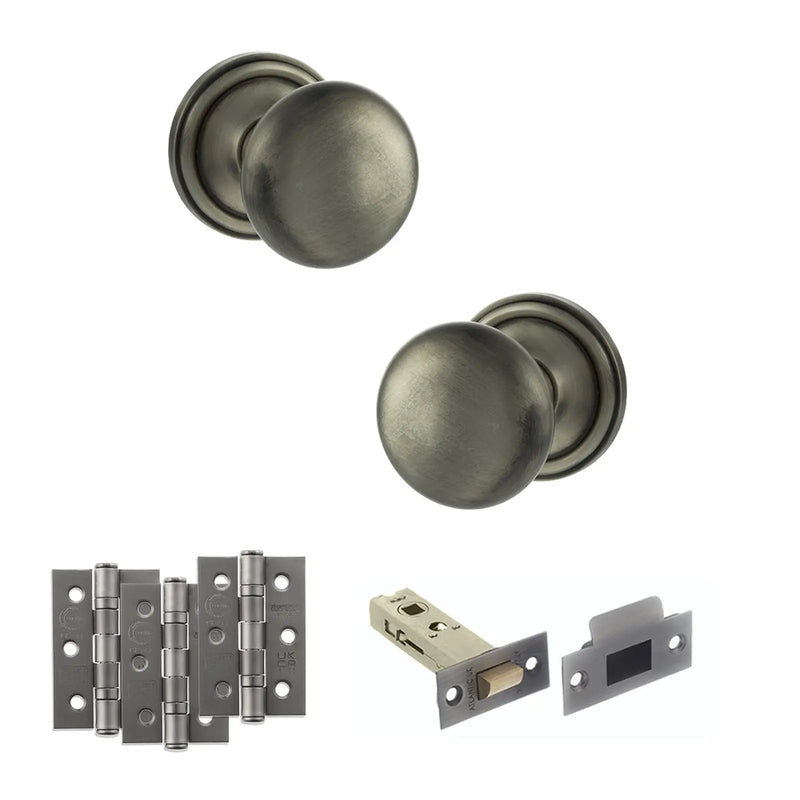 Atlantic Old English Harrogate Door Knob Pack (Latch Set - 3" HD Latch, 3" Fire Rated Hinges x3)